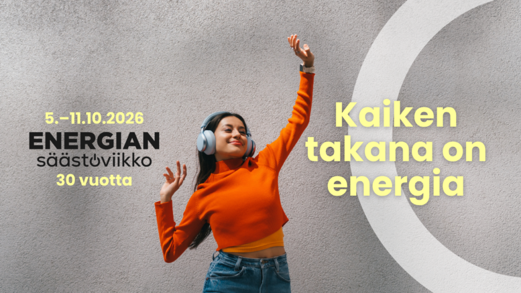 Kuvassa Energiansäästöviikon logo ja hymyilevä nainen.